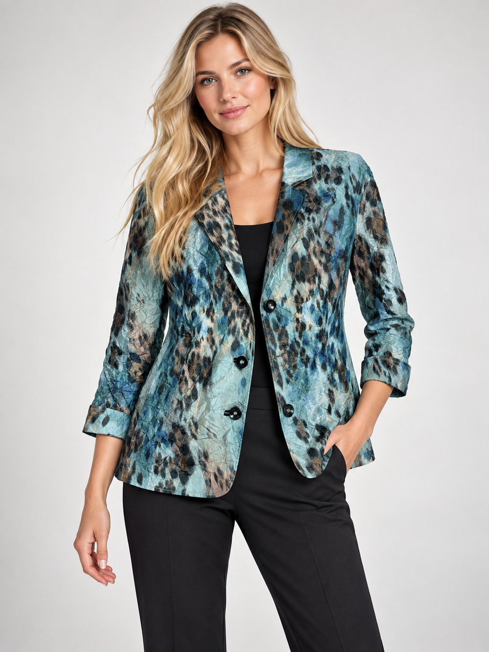 Chico's Blazer Teal Blue Black Animal Print 3/XL #A4867